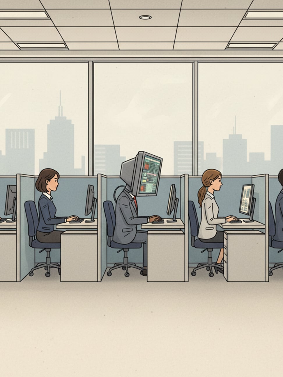 An illustration of an office with four cubicles, where one worker is depicted with a vintage computer monitor for a head, symbolizing a person consumed by their work and technology.