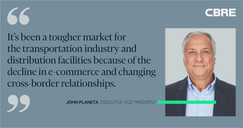 It's been a tougher market for the transportation industry and distribution facilities because of the decline in e-commerce and changing cross-border relationships. - John Planeta