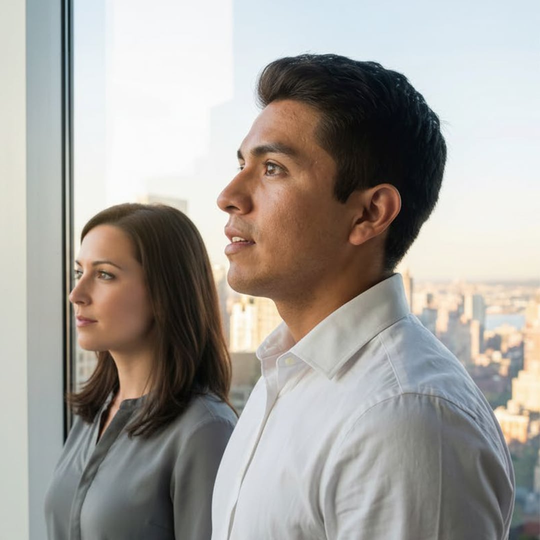 Young man and woman sales trainees looking toward the future