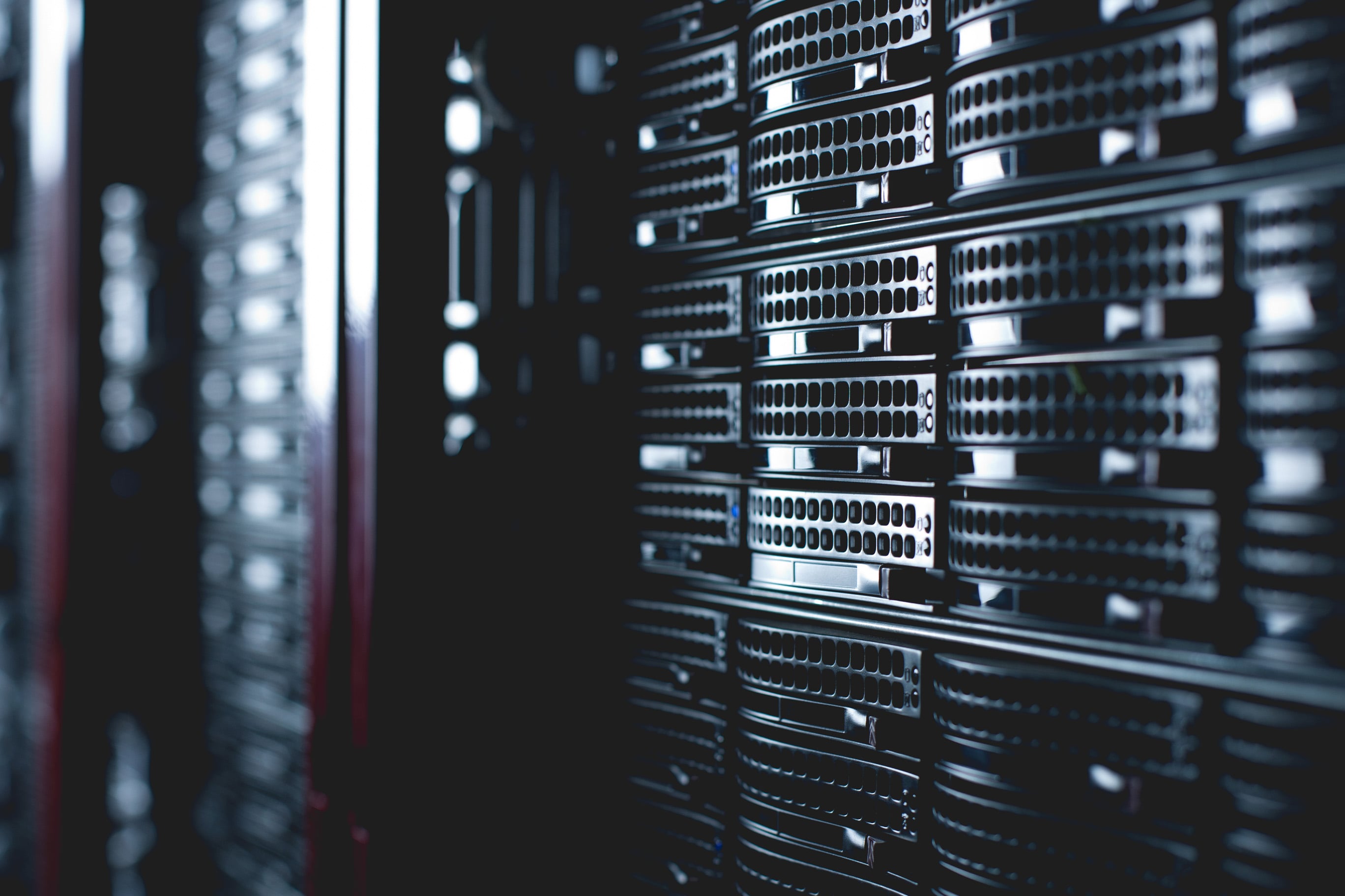 The image shows a close up of network station servers. 