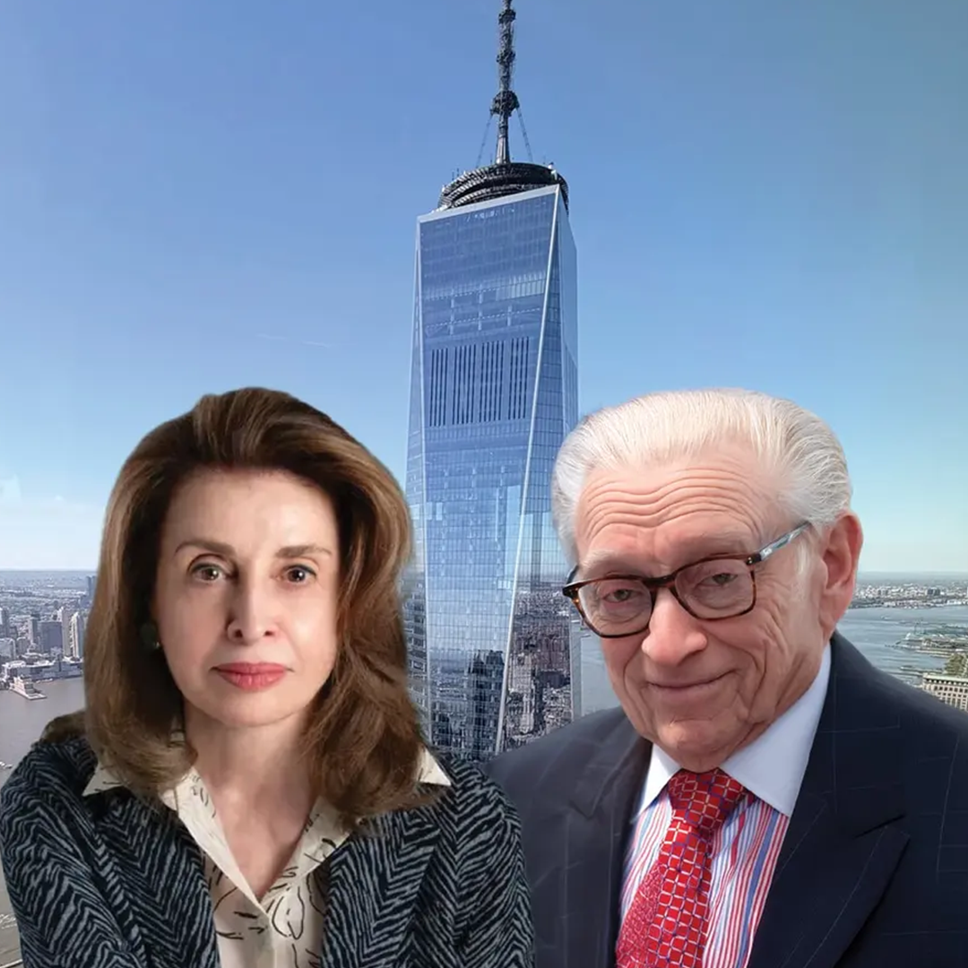 An image featuring, Mary Ann Tighe and Larry Silverstein, superimposed over a backdrop of the One World Trade Center skyscraper in New York City.