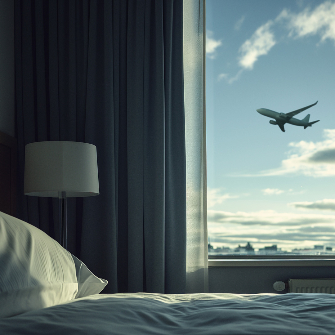 A hotel room bed with a bedside lamp, partially drawn curtains, and a plane taking off visible through the window.