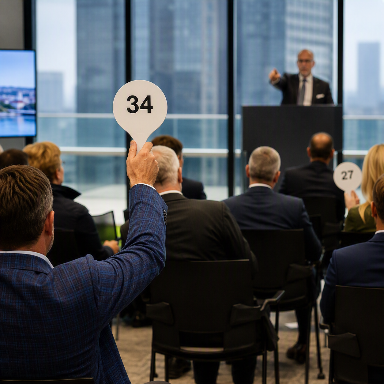 A bidder in a blue blazer raises paddle 34 as an auctioneer addresses the crowd in a boardroom setting.