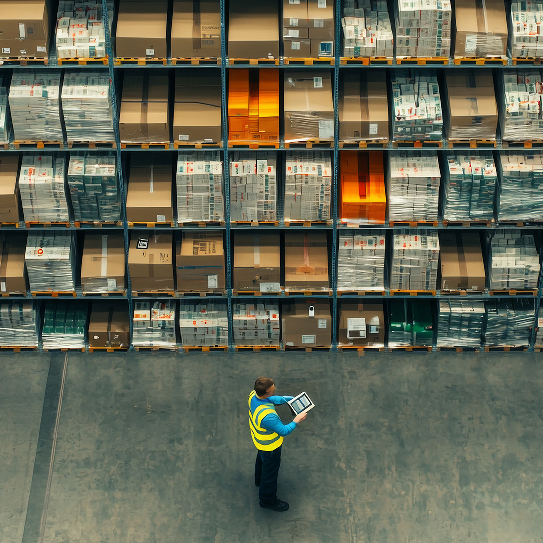 A warehouse worker uses a tablet to manage inventory in a large warehouse full of stacked pallets.