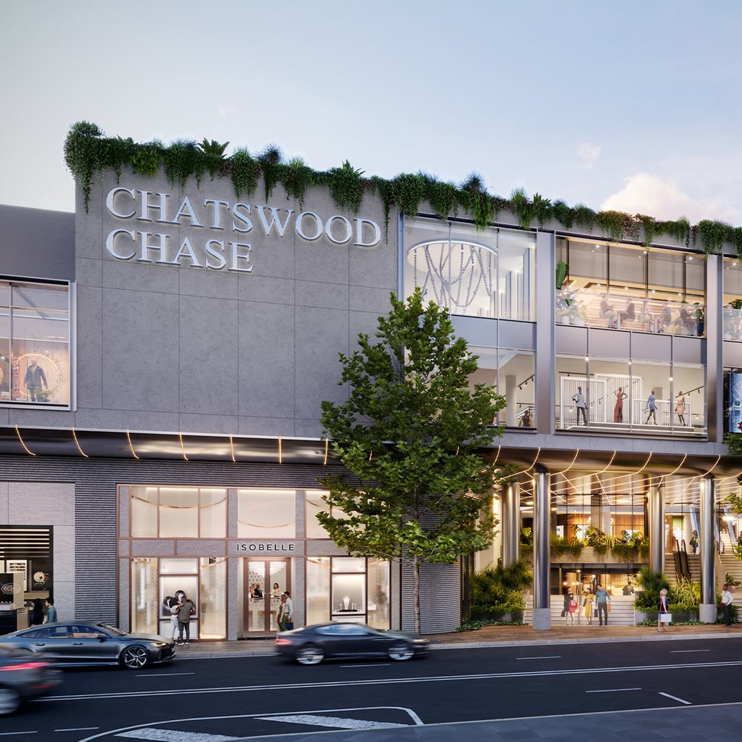 An architectural rendering of Chatswood Chase shopping centre, showing its modern design, landscaping, and various retail stores.
