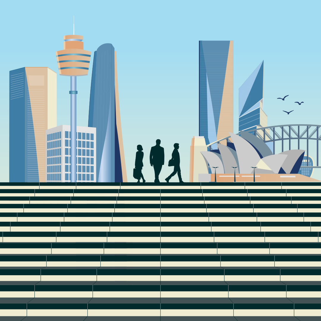 Three silhouetted figures walk along a platform with the Sydney cityscape, including the Opera House and Harbour Bridge, in the background, all viewed over a large set of black and white steps.