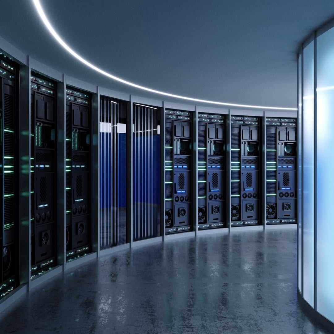 A modern, curved server room featuring rows of sleek black server racks illuminated by a soft, glowing overhead light strip and reflected on a polished concrete floor.