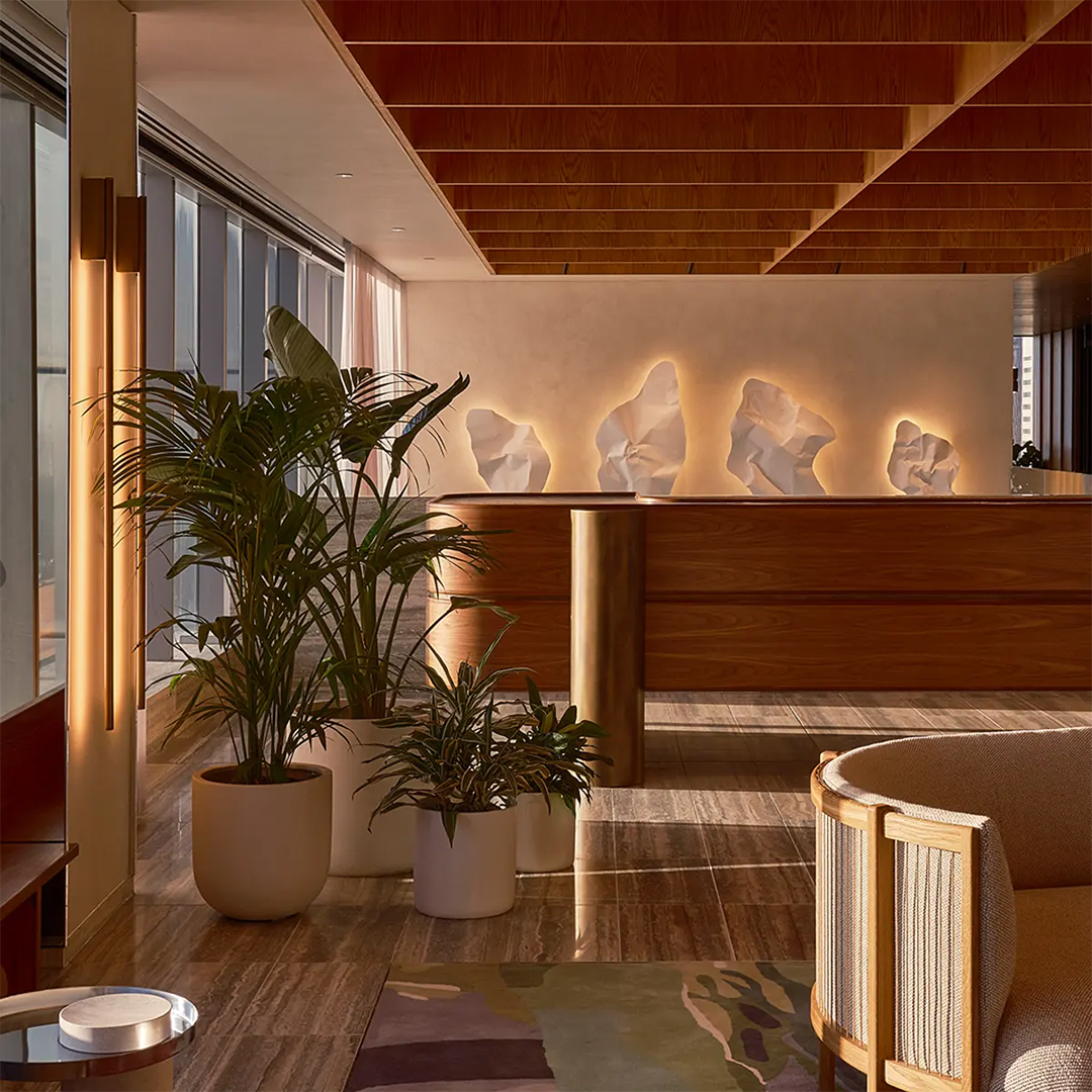 A sunlit, stylish hotel lobby features polished timber panelling, lush potted plants, and abstract, backlit wall sculptures under a warm, slatted ceiling.