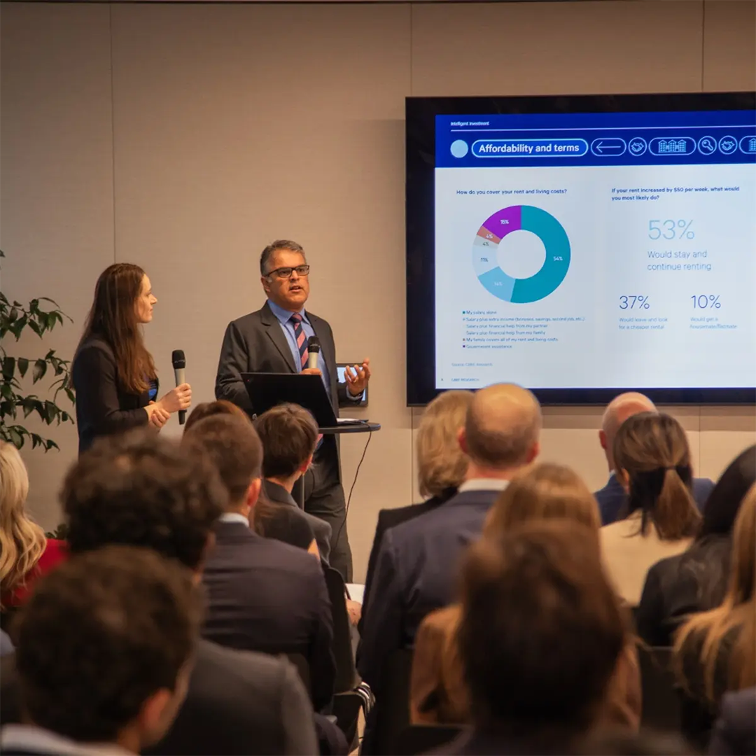 Sameer Chopra presenting at CBRE's Living Sectors Unlocked event. 