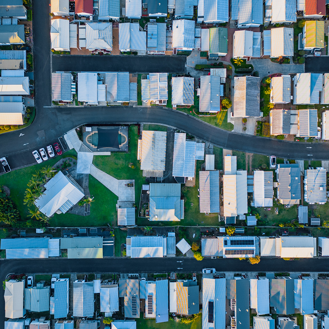 Aerial view of houses.