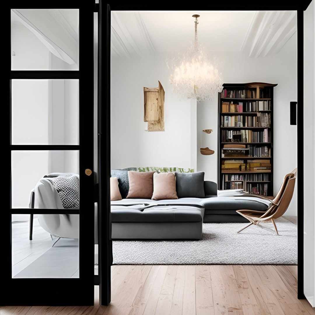 The image shows a living room inside a modern apartment. 
