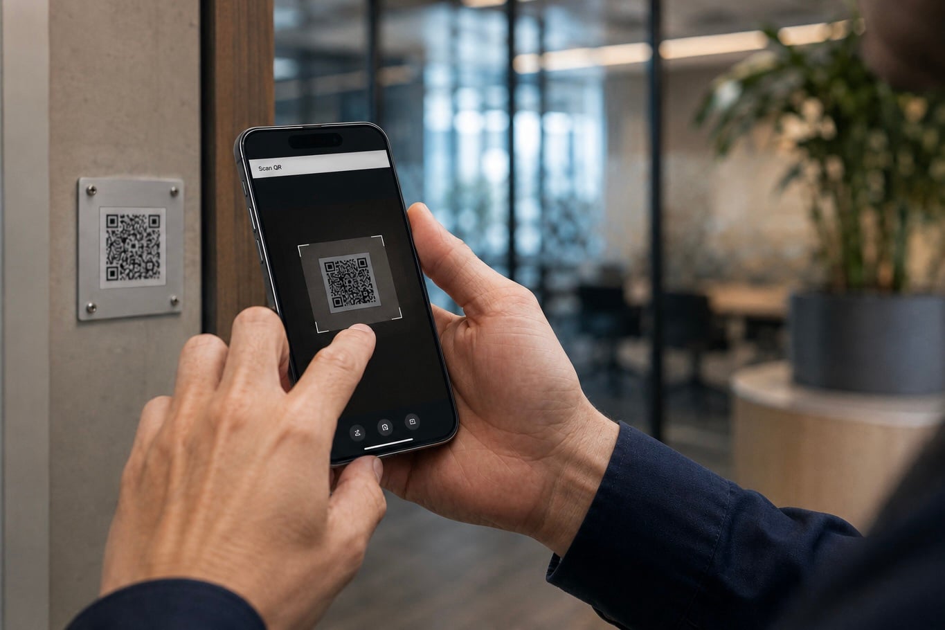 Person using the Pulse Helix app on a smartphone to scan a QR code at an office entry point for workplace access.