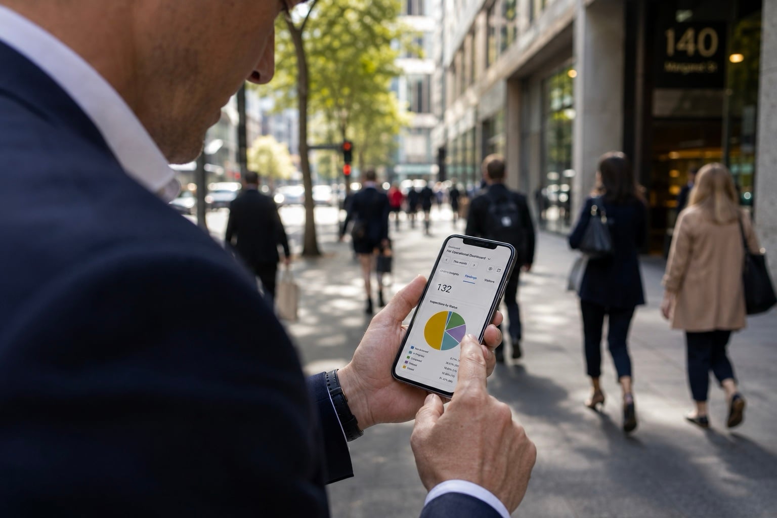 Person using the Pulse Helix app on a smartphone to view workplace analytics and occupancy insights while walking through a city business district.