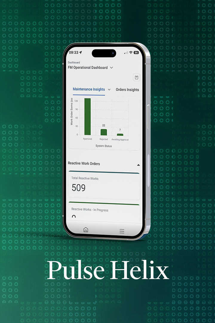 A smartphone displaying the Pulse Helix FM operational dashboard with maintenance and reactive work order metrics, set against a green digital data-inspired background.
