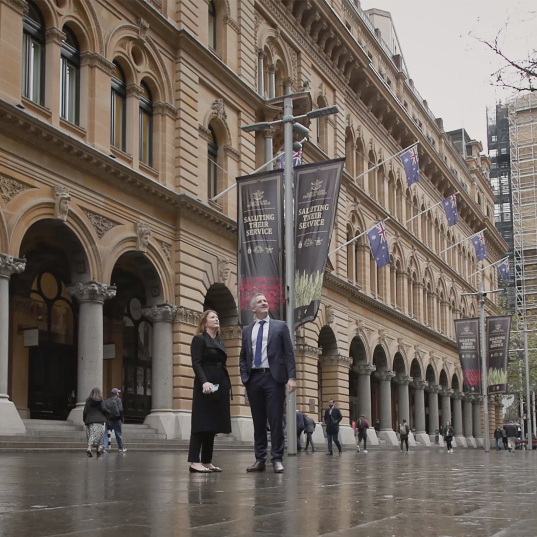 Nick Graham and Liz Crotty stand outside Martin Place in Sydney.