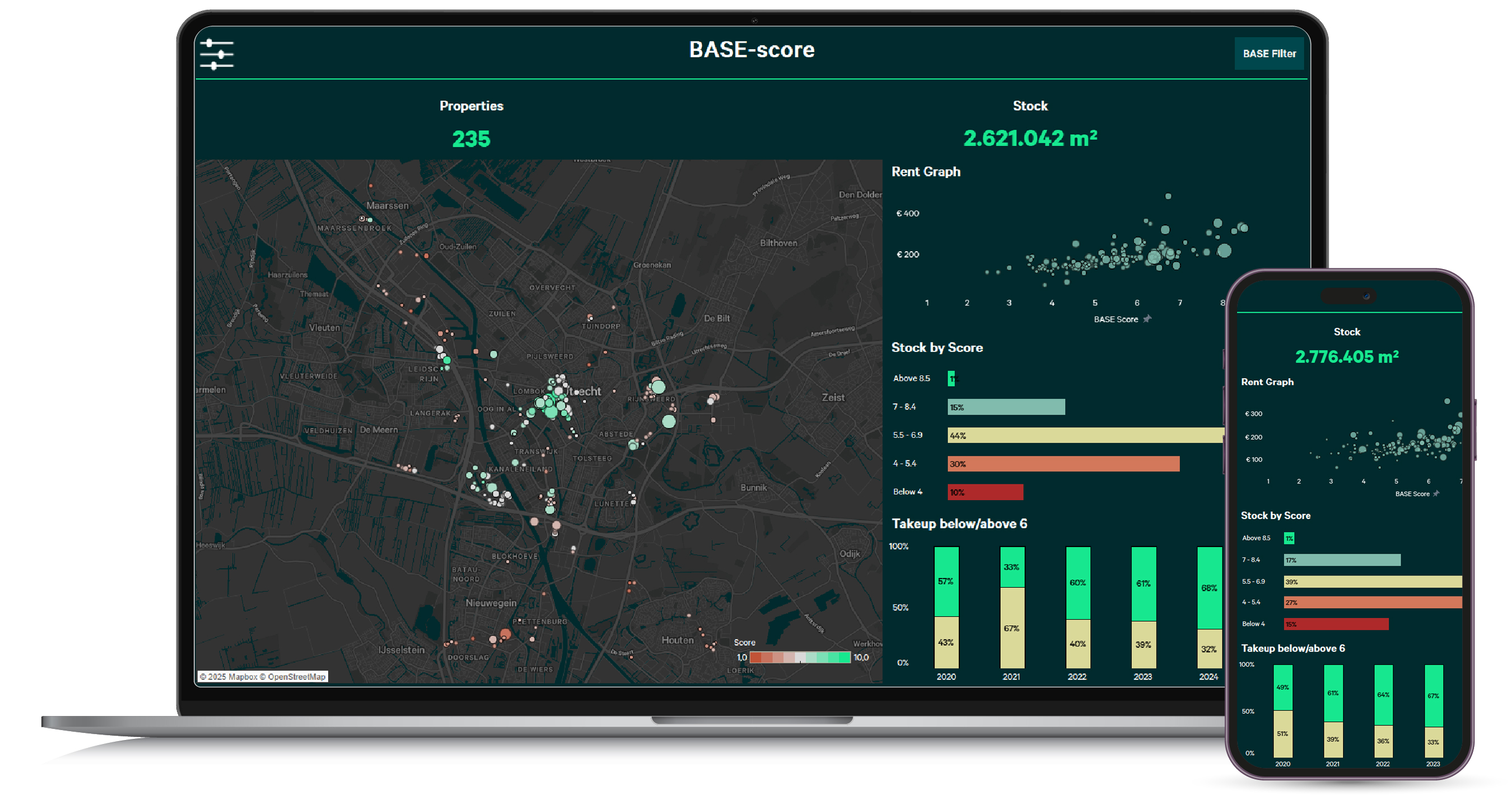 Real estate data tool The Base on laptop and mobile