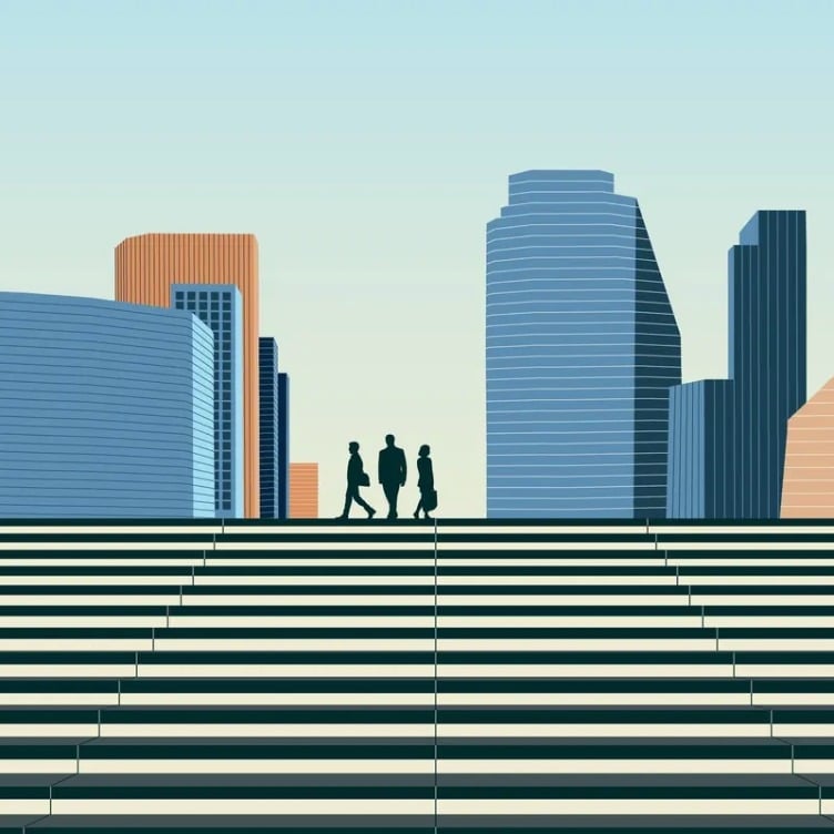 Illustration of modern office buildings in an urban skyline with three business people walking up wide stairs, symbolizing business growth and real estate development.