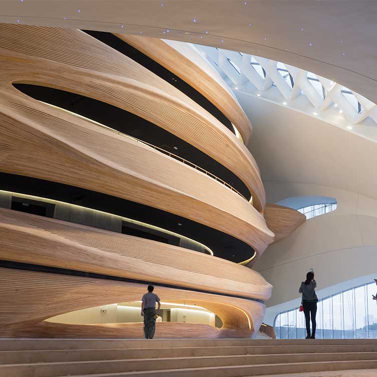 Architectural building with sustainable wooden structures and glass roof, symbolising resilient and future-proof environments.