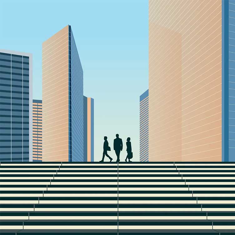Illustration of business professionals climbing a large staircase between modern office buildings in an urban setting.