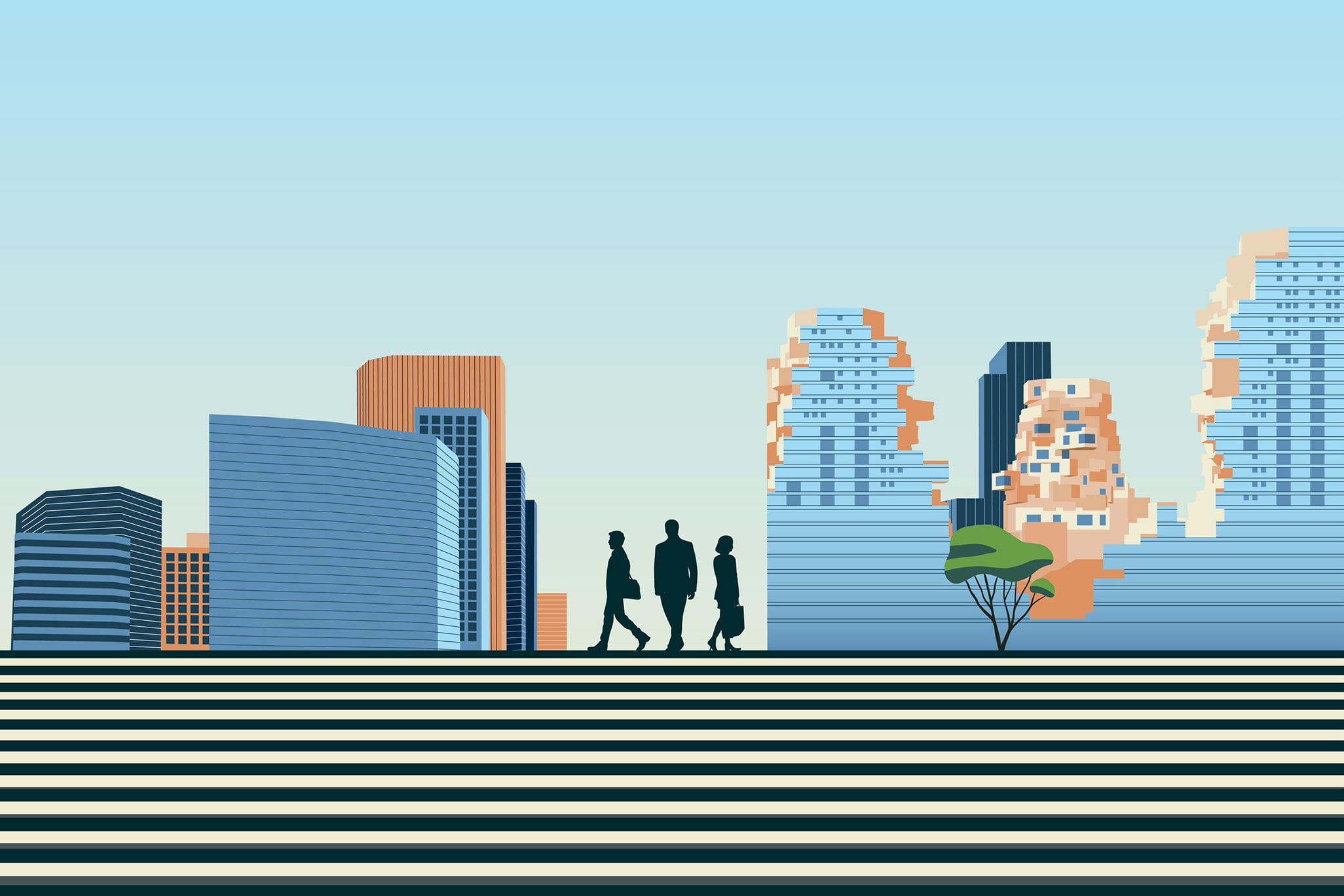Illustration of a modern urban environment with tall office buildings and walking silhouettes on a wide staircase, reflecting urban lifestyle and business-oriented city architecture.