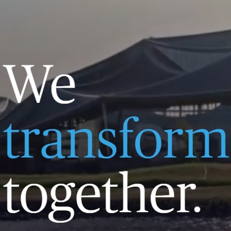We transform together, in white and blue text colour.