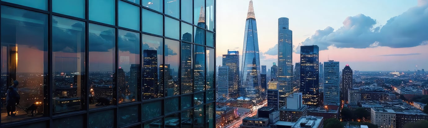 Modern London office block, sleek glass facade reflecting city skyline, architectural detail, urban landscape , workplace, property