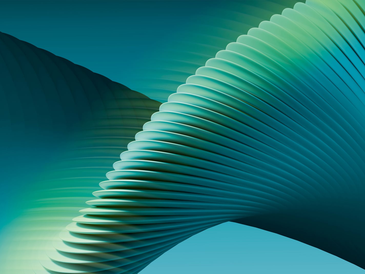 An abstract 3D render of stacked teal and blue discs flowing in a spiralling, wave-like curve against a deep gradient background.
