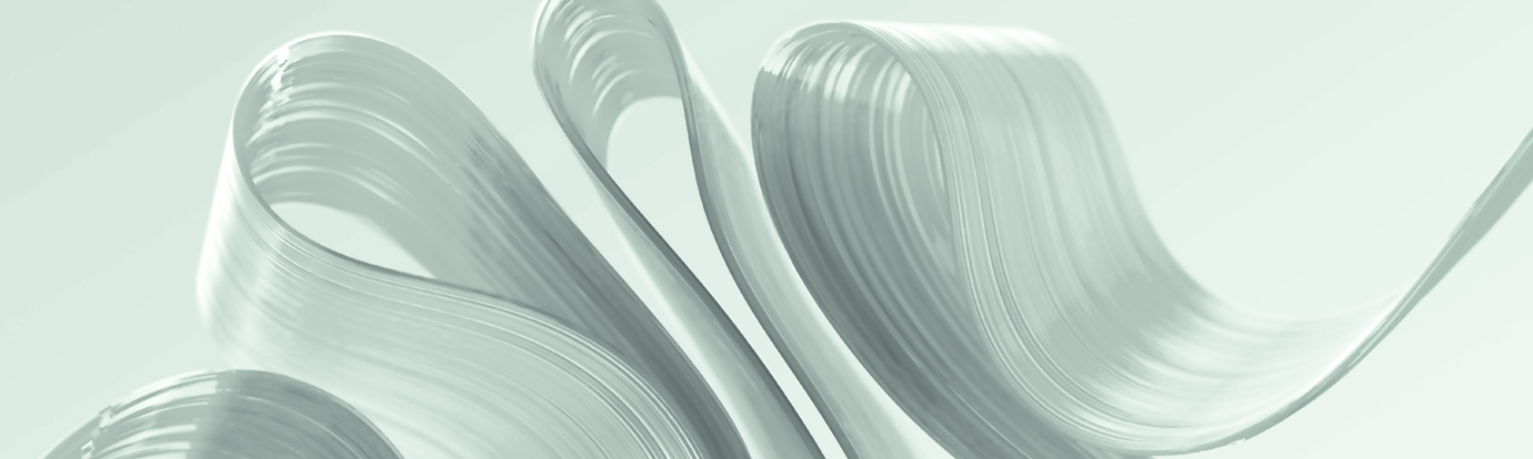 An abstract 3D digital render of flowing, pale mint-colored ribbons with a glossy finish and soft shadows.