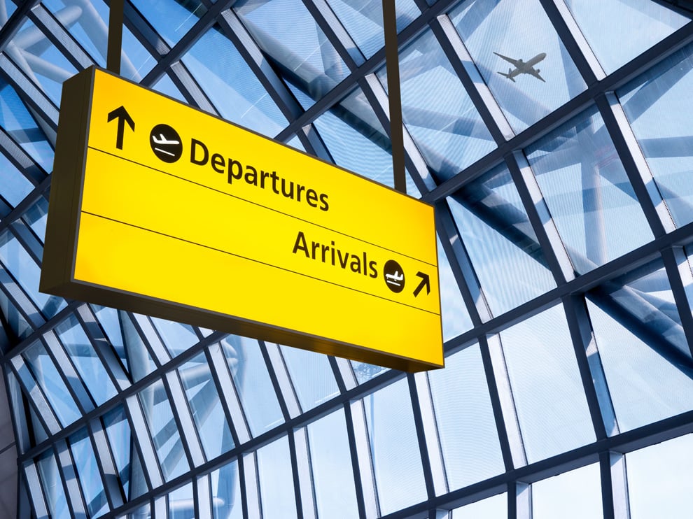 Check in, airport departure & arrival information board sign