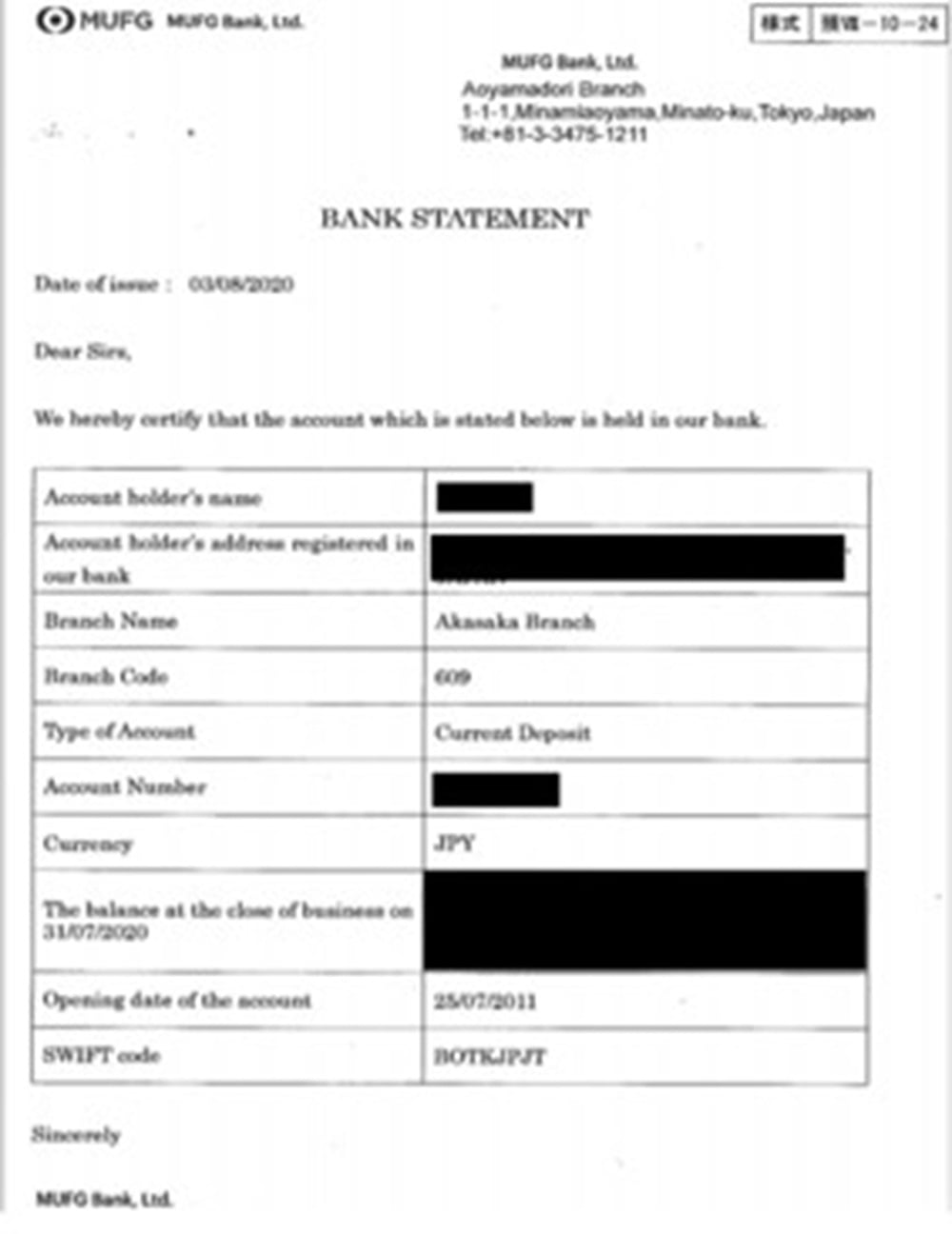 Japan bank issued document