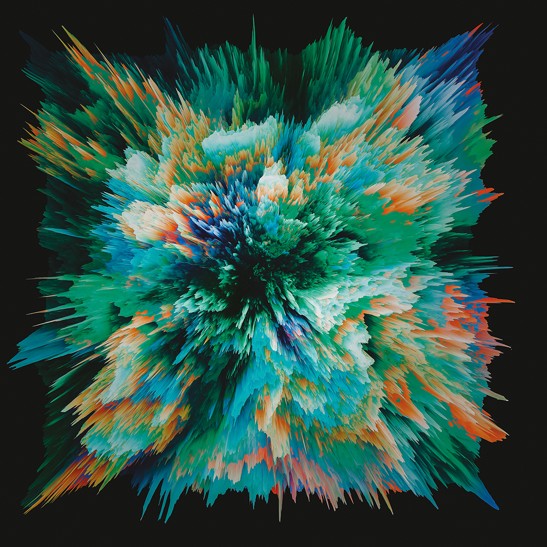 Abstract digital color explosion in teal, green, and orange bursting from a dark center, symbolizing revitalization and renewal in commercial real estate.