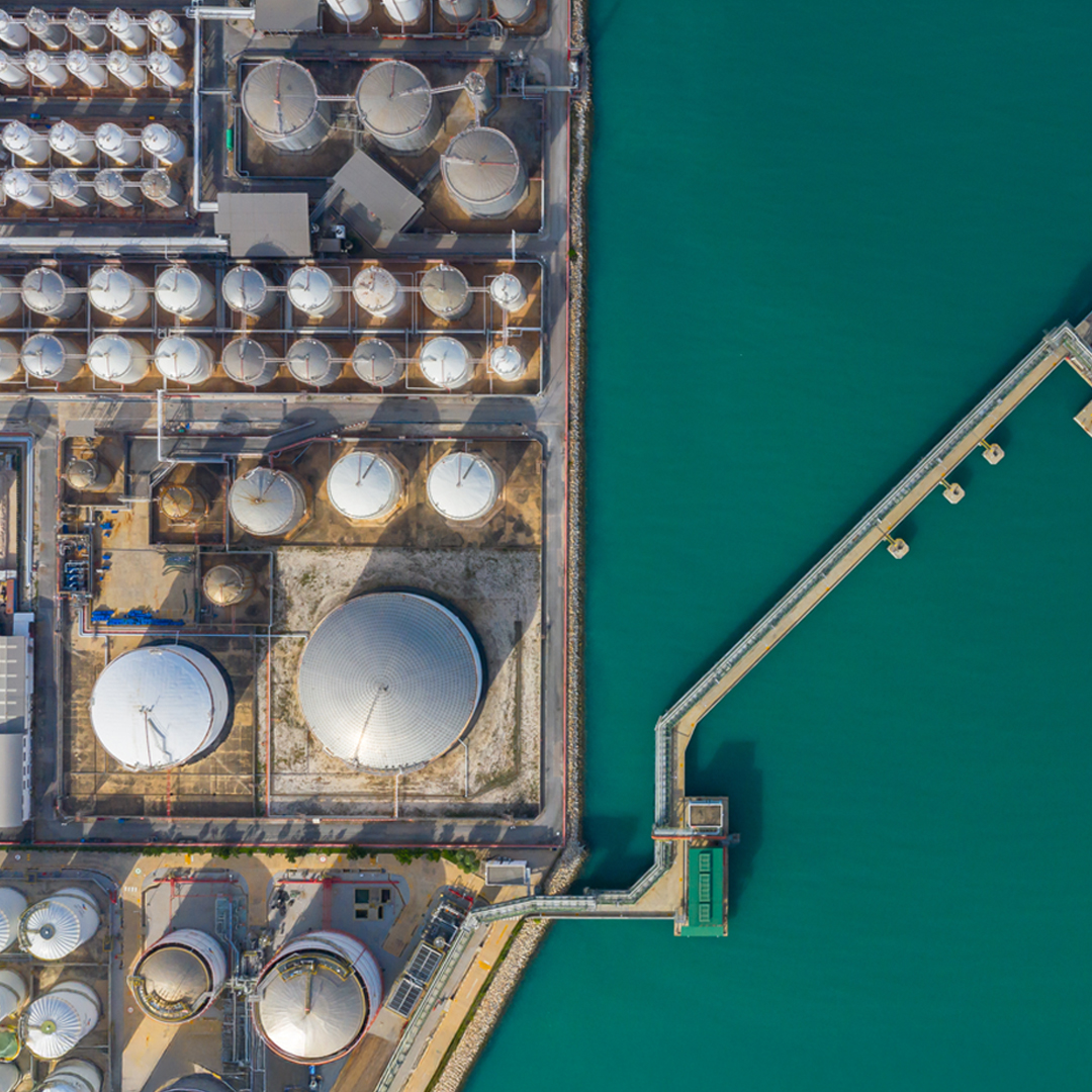 birds eye view of coastal refinery