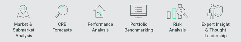 Icon graphic showing six CRE analytics capabilities: market and submarket analysis, forecasts, performance analysis, portfolio benchmarking, risk analysis, and expert insight