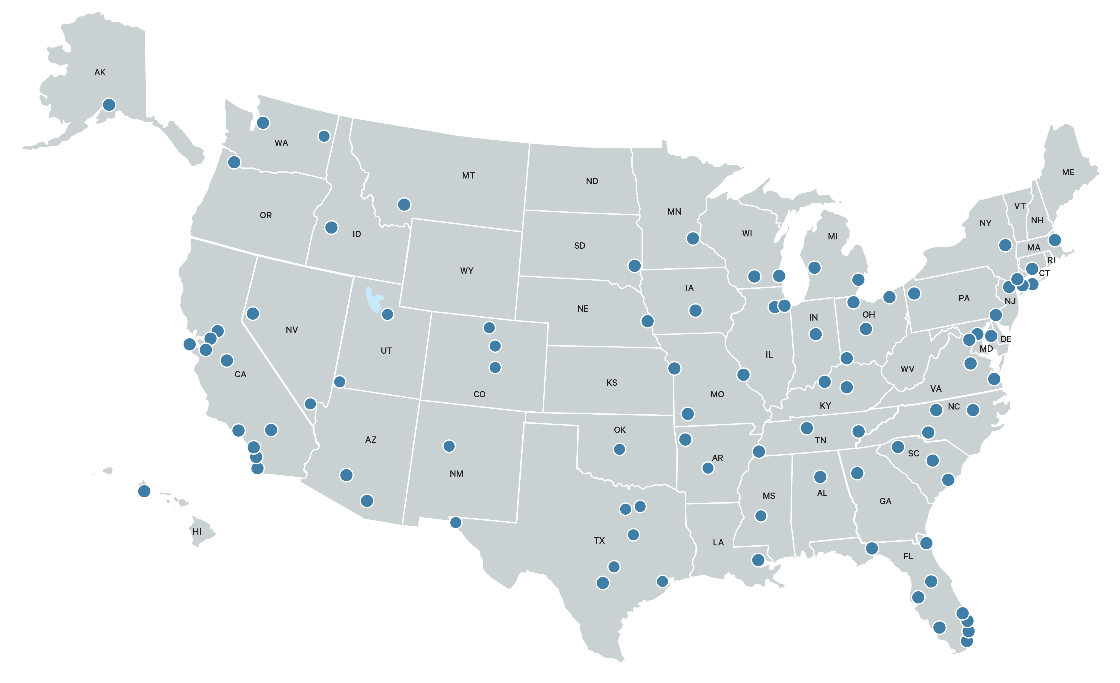 Map of locations of CBRE offices in the United States