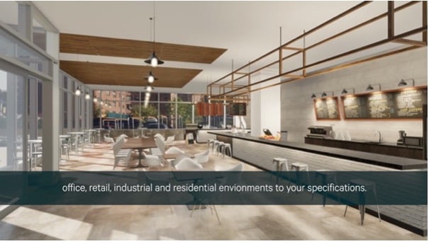 CBRE Plans Pro 3D rendering of a modern office cafe space, illustrating custom design for office, retail, industrial, and residential environments