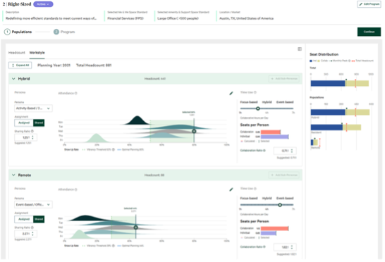 CBRE Workplace Parameter right-sizing tool showing hybrid and remote population planning with seat distribution and attendance modeling