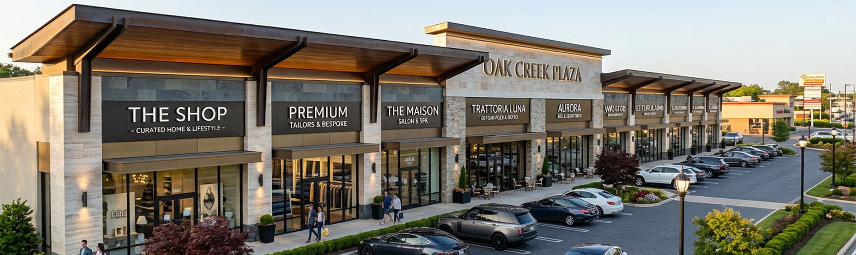 Exterior of a modern multi-tenant retail strip center with storefronts, landscaping, and surface parking