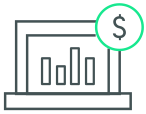 Line icon of a laptop displaying a bar chart with a dollar sign, representing cost reduction strategies