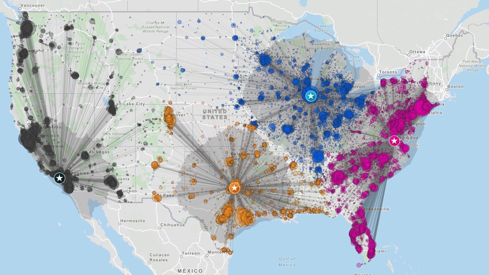 Map showing US industrial market hub and distribution network connections across major cities including Dallas, Chicago, Los Angeles and Charlotte