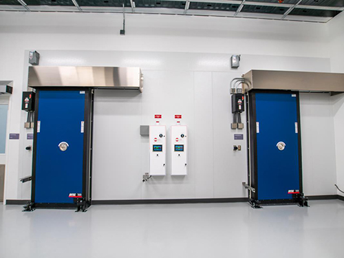 Two blue Rytec high-speed cold storage doors flanked by digital control panels in a pharmaceutical facility, supporting CBRE temperature-controlled operations.