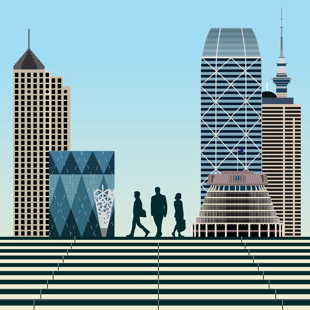 Illustrated New Zealand skyline with people walking in the foreground, created for the CBRE 2026 New Zealand Market Outlook report overview page