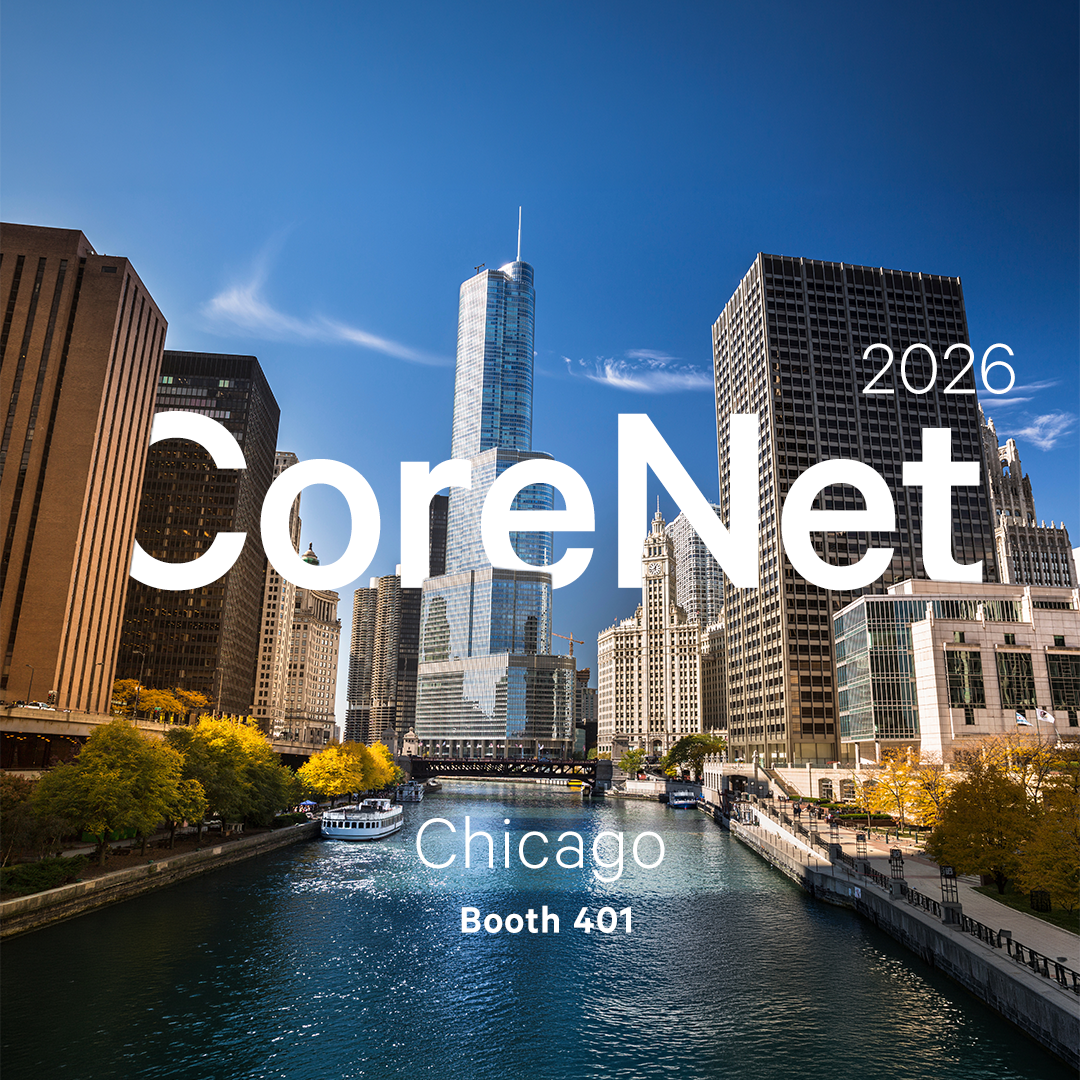 CoreNet Global 2026 Chicago conference event graphic featuring bold text overlay on a Chicago River skyline photo with Trump Tower and fall foliage.