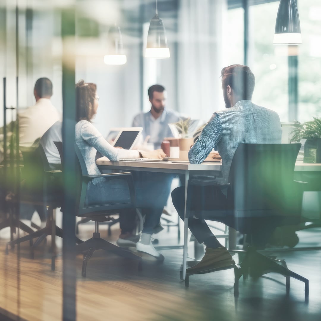Group of professionals in a bright office discussing around a table with tech devices and indoor plants.