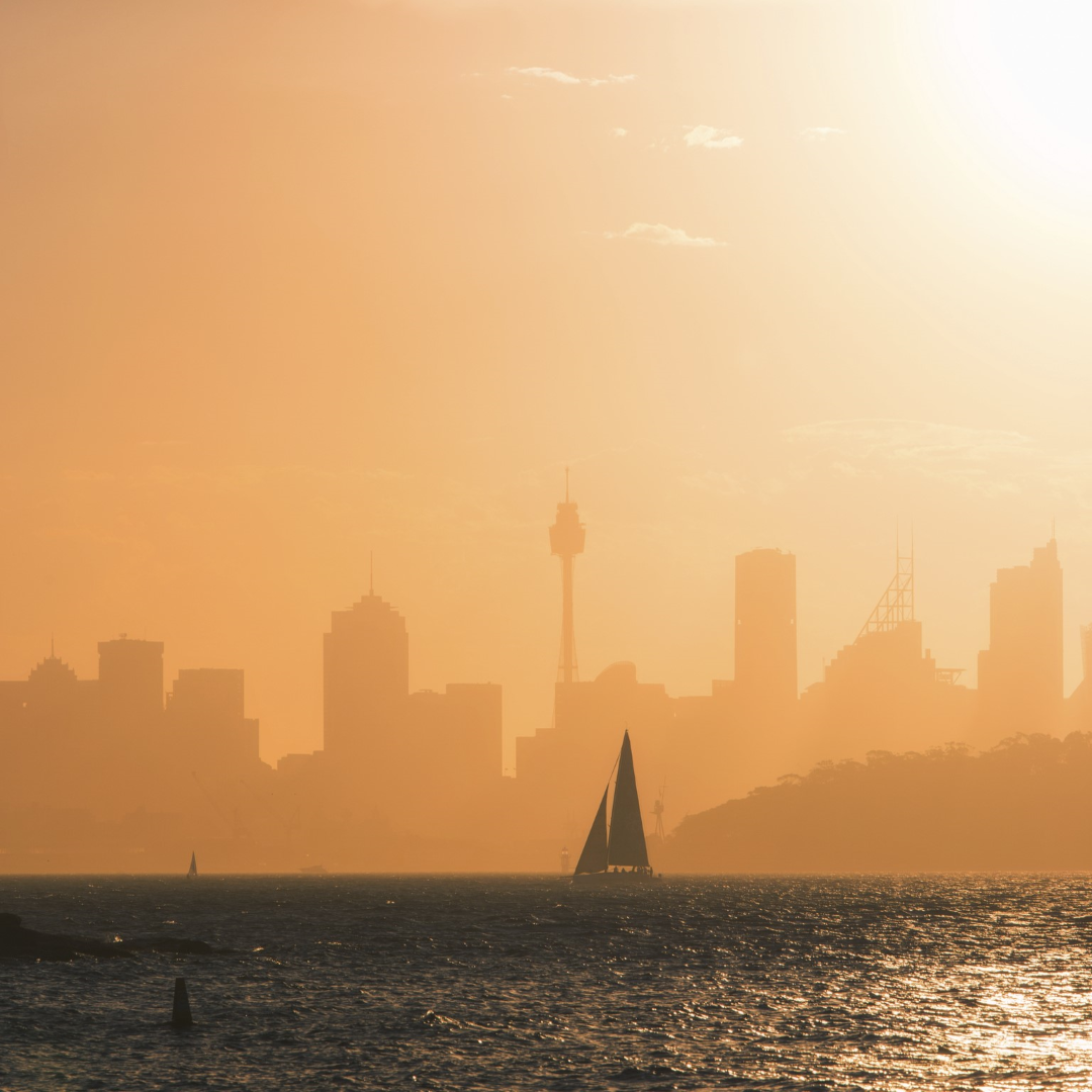 Silhouetted sailboats on a hazy Sydney Harbour at sunset, with the city skyline in the background.