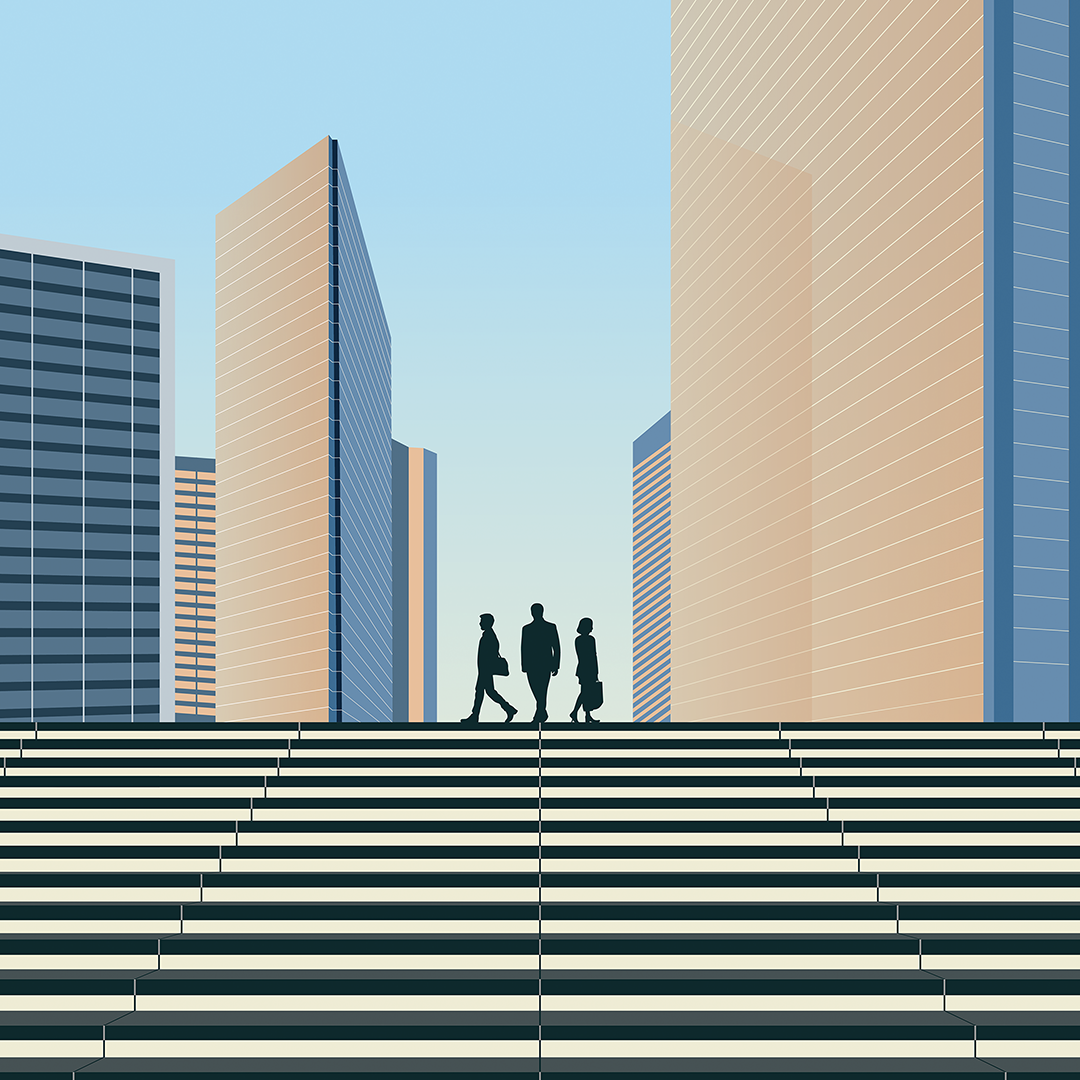 Illustrated cityscape with blue and tan office towers and three business silhouettes walking steps, symbolizing urban commercial real estate activity and market perspective.