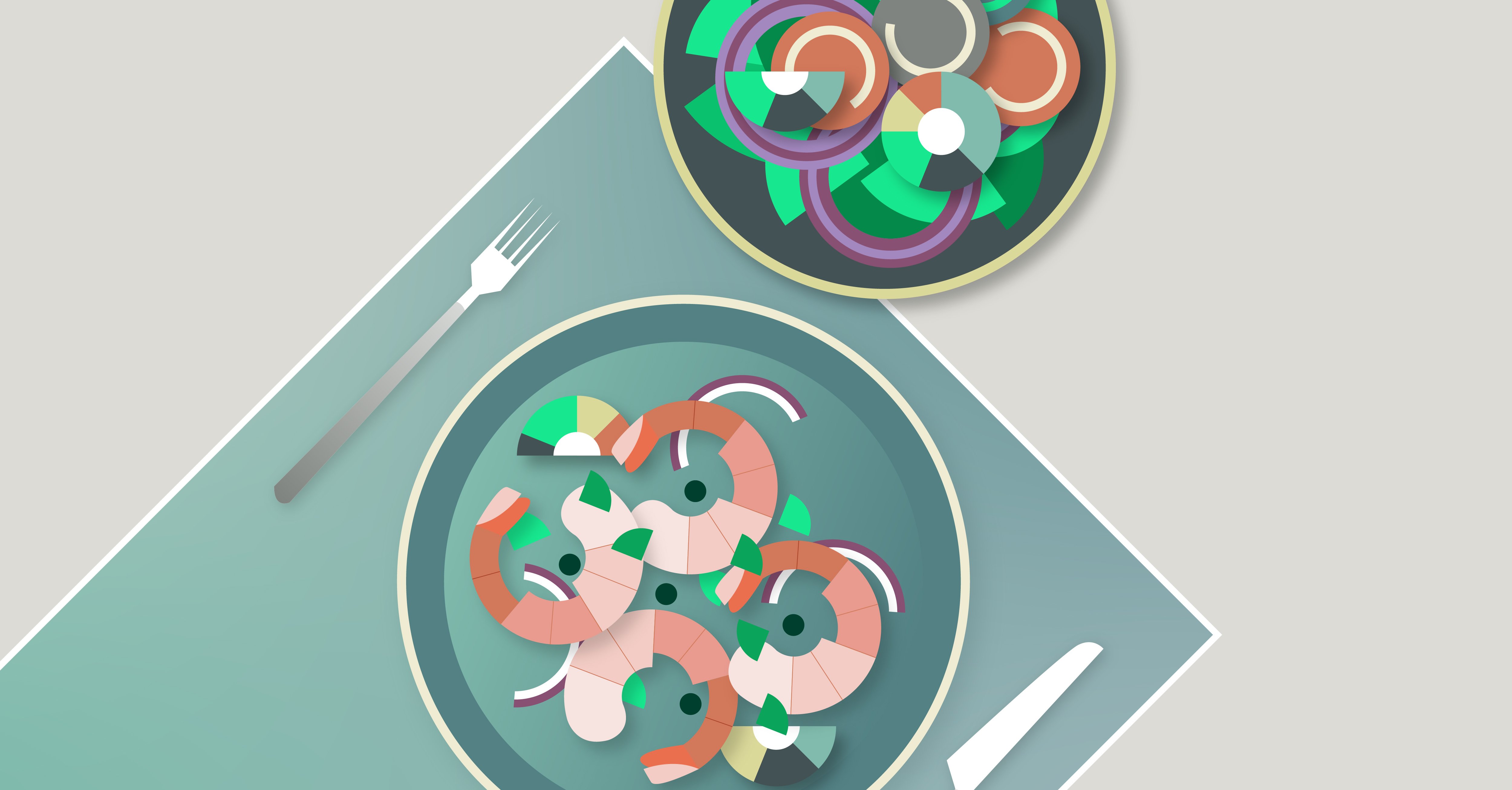 Illustration of two plates with abstract geometric food shapes on a teal placemat symbolizing data quality and preparation in commercial real estate strategy.