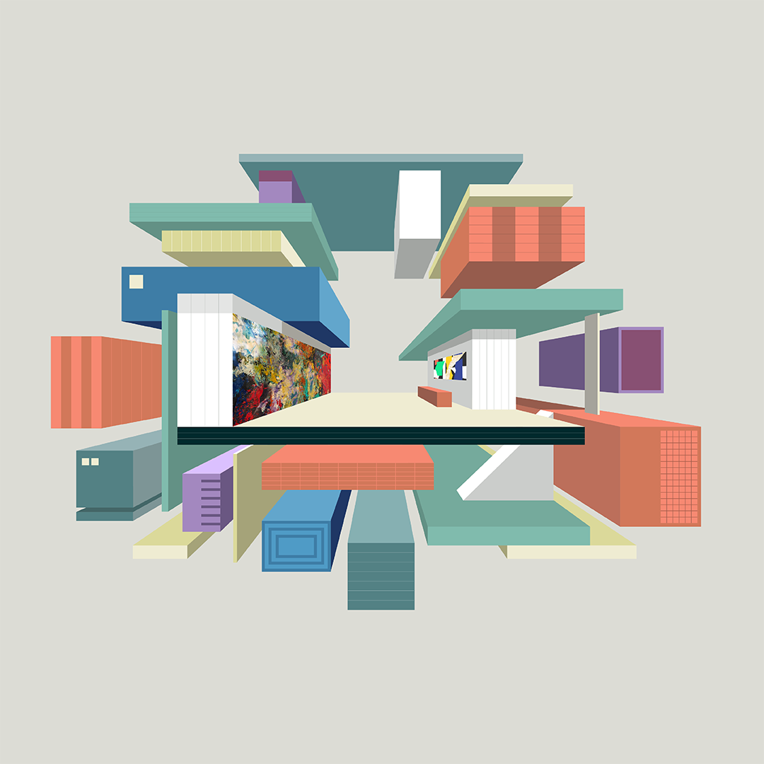 Abstract 3D illustration of a deconstructed commercial building lobby featuring colorful geometric architectural forms and wall-mounted artwork panels.