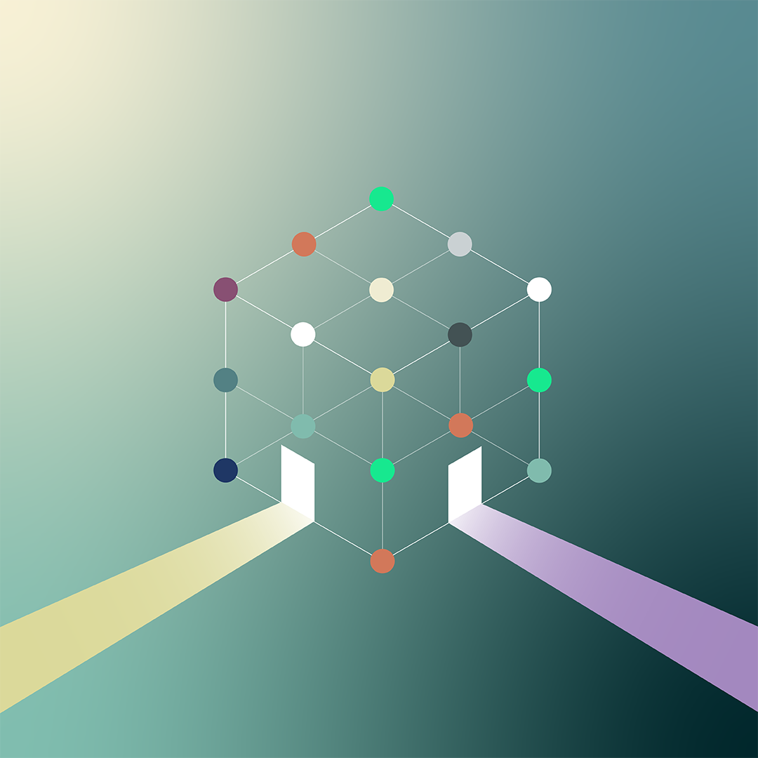 Abstract illustration of a connected network cube with colored nodes and two open doorways emitting light, symbolizing CRE opportunities and data integration.