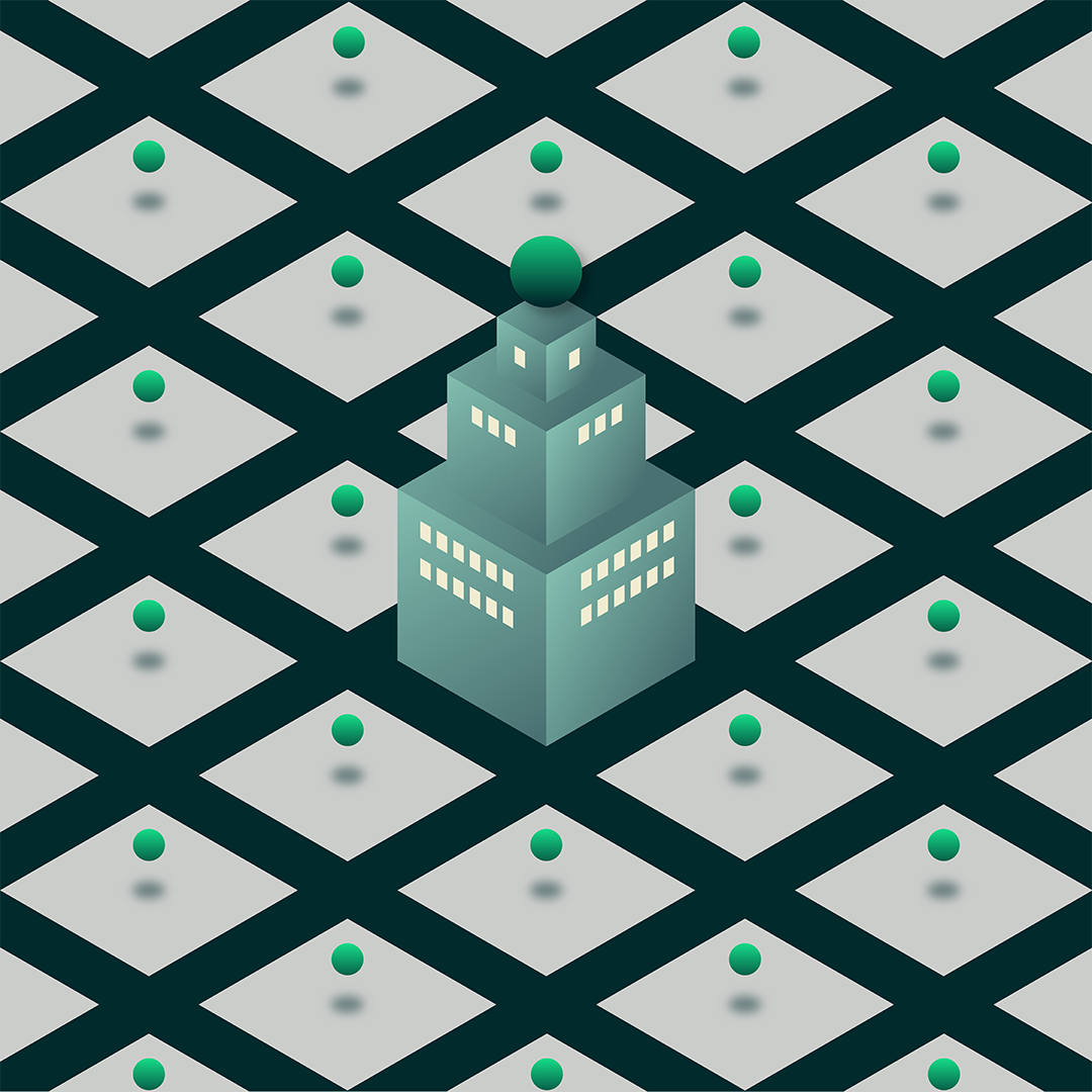 Isometric illustration of a teal office skyscraper topped with a green orb, surrounded by a grid of gray diamond tiles marked with green location pins.