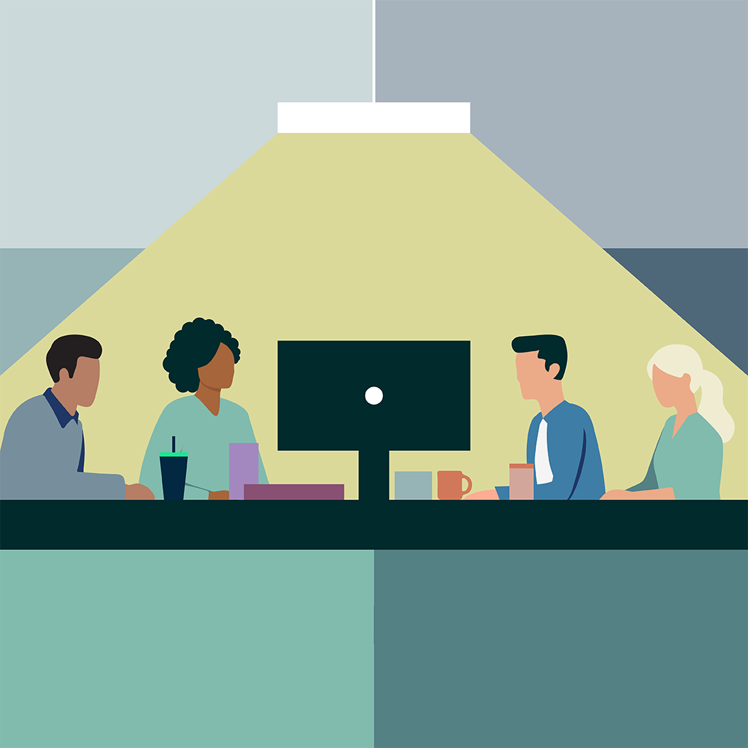 Illustration of four office workers collaborating around a desktop monitor beneath a pendant light in a modern workplace.